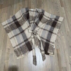 Max Studio Ruana Poncho Wrap Shawl Womens O/S Multicolor Plaid Belted Fringe